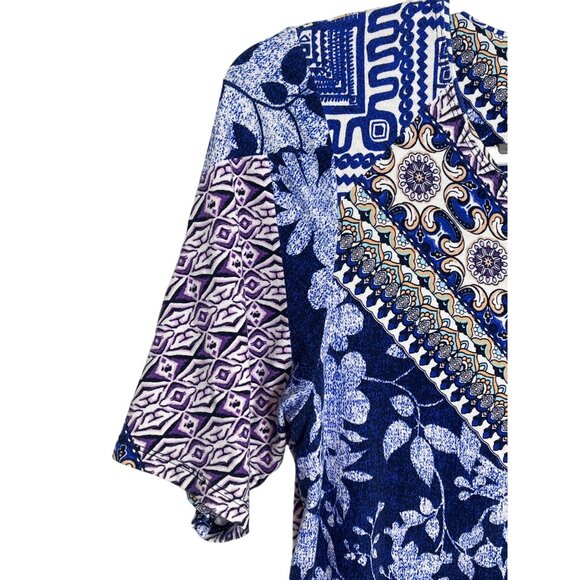 Chicos Blue Patchwork Print Blouse Medium Short Sleeve Boho Floral Top - Picture 4 of 12